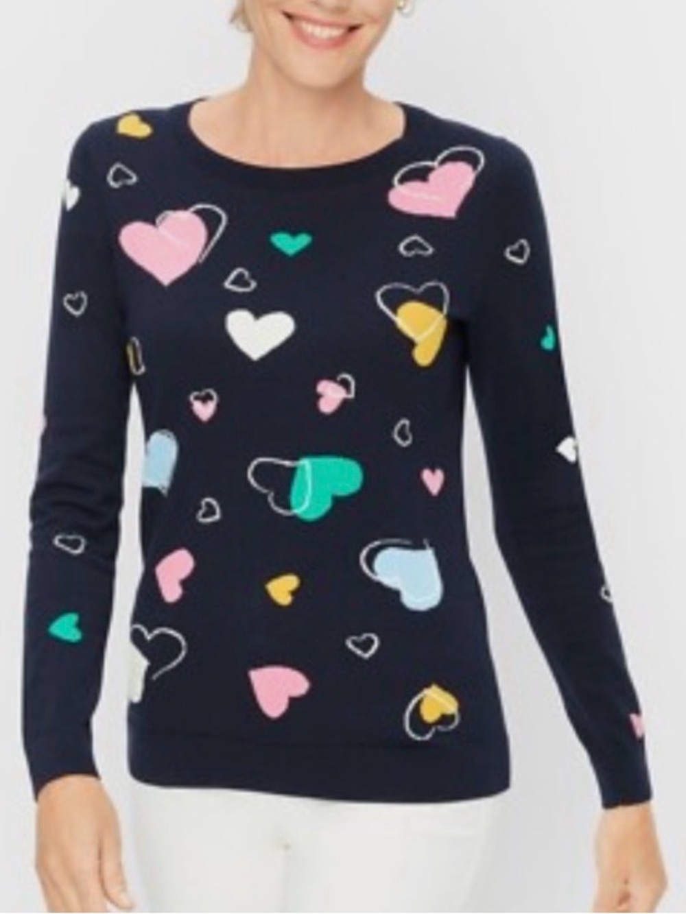 Talbots | Navy Multi-Color Heart Print Design Cotton/Rayon Sweater Sz Large